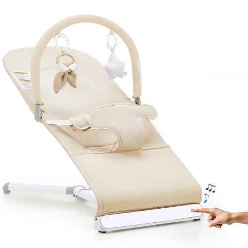 Lilian&Gema Baby Bouncer with Soothing Music, Height-Adjustable Infant Bouncer Seat for Babies 0-6 Months, Infant Rocker Chair with Hanging Toys，Organic Oat