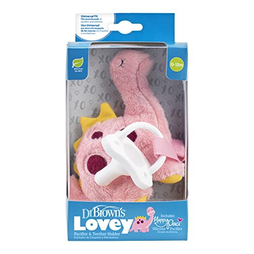 Dr. Brown's Baby Lovey Pacifier and Teether Holder, Dinosaur with White HappyPaci, 100% Silicone, 0-6m