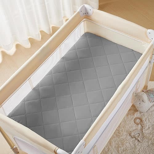 TILLYOU Pack and Play Sheet - Soft Quilted Crib Cover Pad, Toddlers Mattress Protector with 1''-3'' Deep Pocket, Thick Play Yard Playpen Sheets, Breathable Fluffy Crib Mattress Pad, 39"x27", Grey