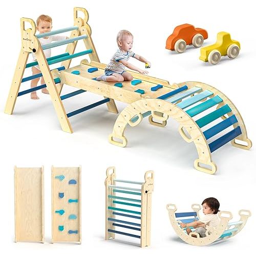 BlueWood Pikler Triangle Set 7in1 Foldable Baby Climbing Wooden Toys with Arch&Ramp&Ladder Climber Indoor Jungle Gyms for Toddlers - Sky Blue