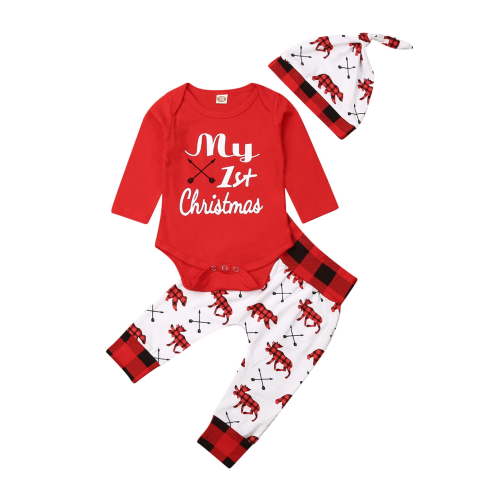 Hirigin My 1st Christmas Outfit Newborn Baby Boy Girl Xmas Clothes 3 6 9 12 18 Month Long Sleeve Letter Print Romper + Long Pants + Hat Set