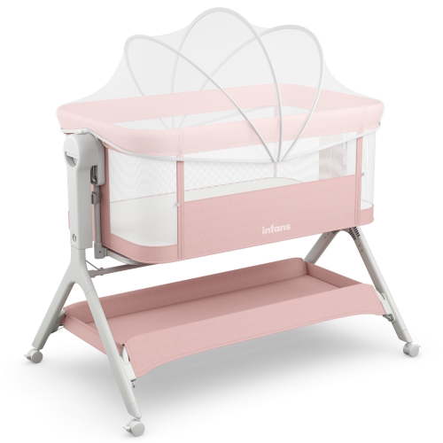 INFANS 5 in 1 Baby Bassinet, Upgraded Flat Bedside Sleeper with Wheels, Storage Basket, Travel Bag, Mosquito Net, Height Adjustable, Portable Crib for Newborn/Infant (Pink)