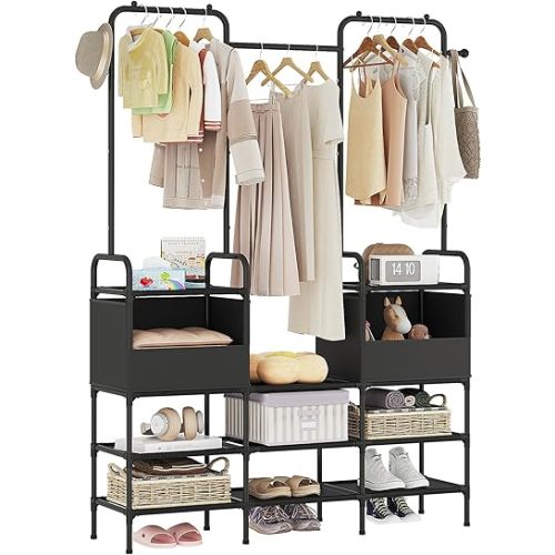 Laiensia Clothes Rack,3 Rods Portable Clothing Hanging Garment Rack,Coat and Shoe Rack with 9 Storage Shelves and 2 Storage Pockets,for Bedroom,Entryway,Living Room,Black