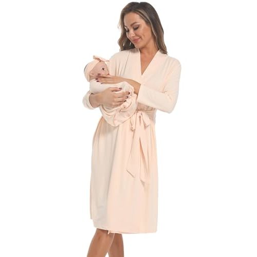 WINROLA Maternity Robe with Matching Swaddle Set Girls Boys, Mommy Me Robe Set Soft Elastic Women Robes