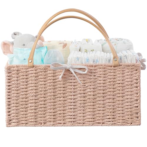 HBlife Large Baby Diaper Caddy Organizer Pink, Paper Rope Storage Baskets Nursery Bin with Removable Divider, Portable Car Organizer for Diapers, Baby Shower Gifts, Newborn Essentials Must Haves