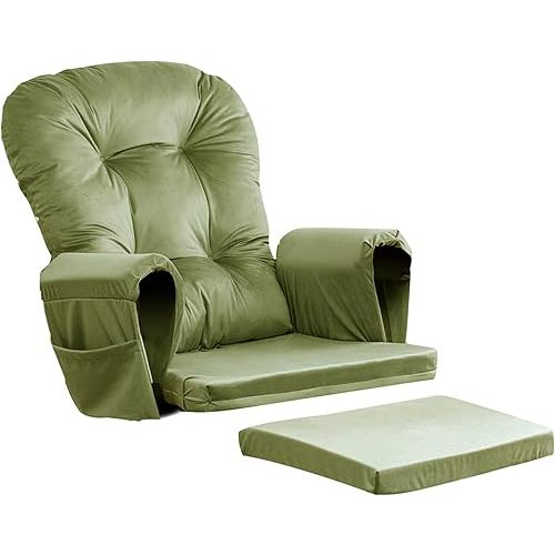 5PCS Glider Rocker Replacement Cushions Thick Soft Velvet Glider Cushions Replacement Set with Ottoman Cushion and Storage Pockets, Matcha Green