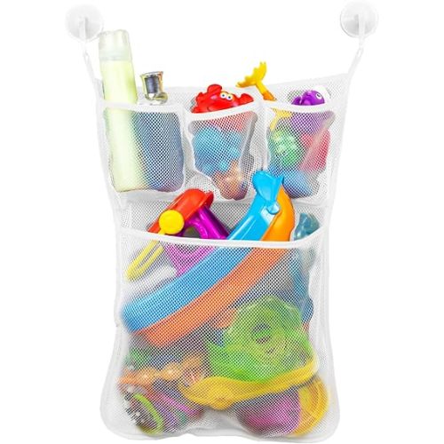 S&T INC. Bath Toy Storage Net with Pockets for Tub, Shower Caddy Holds Baby and Kids Toys, Soap, or Shampoo, Hooks Included, 14 Inch by 20 Inch, White, 1 Pack