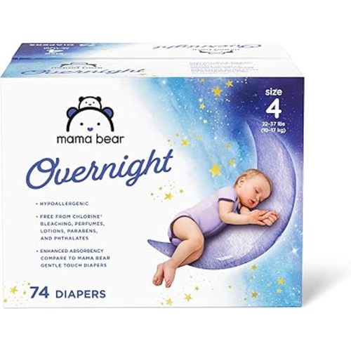 Amazon Brand - Mama Bear Disposable Overnight Baby Diapers, Hypoallergenic, Night Time Protection, Size 4 (74 Count), White
