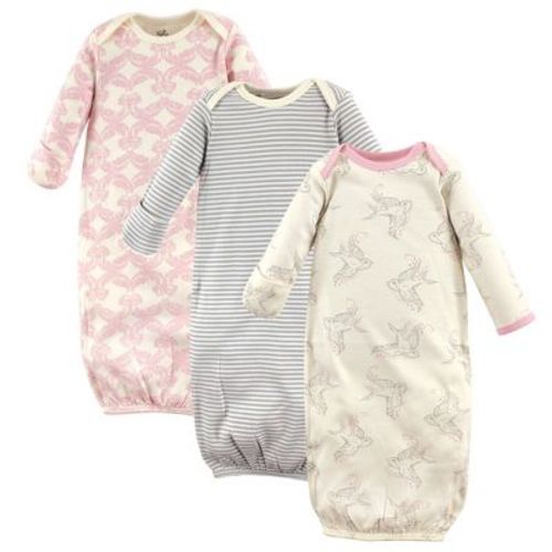 Touched By Nature Baby Girl Organic Cotton Long-sleeve Gowns 3pk, Bird, 0-6 Months