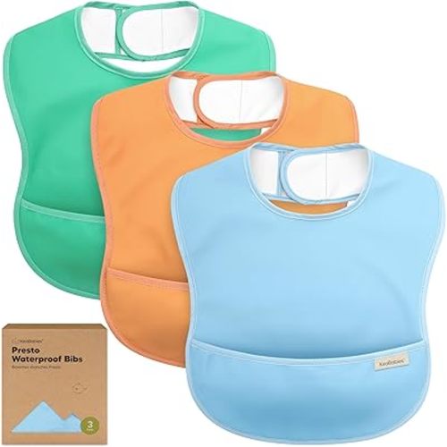 3-Pack Waterproof Baby Bibs for Eating - Lightweight Baby Bib with Food Catcher, Mess Proof Toddler Bibs, Waterproof Bibs for Baby Boys, Baby Girls, Feeding Bibs, Drool Bibs, Baby Food Bibs (Basics)