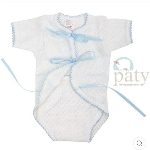 Paty Newborn Creeper with Ribbon Ties - White with Blue Trim