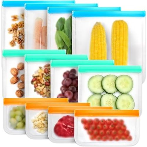 12 Pack Reusable Freezer Bags,Silicone Bags Freezer Storage,Reusable Sandwich Bags,Freezable Snack Bag for Storing Meat Lunch Fruit Veggies Snack Make-up(4 Small + 4 Medium+ 4 Large)
