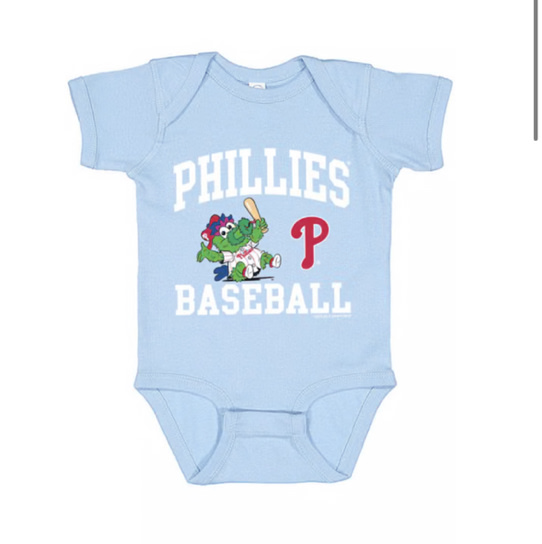 Philadelphia Phillies Phillie Phanatic Baby Arched Wordmark LIGHT BLUE One Piece - 171731329
