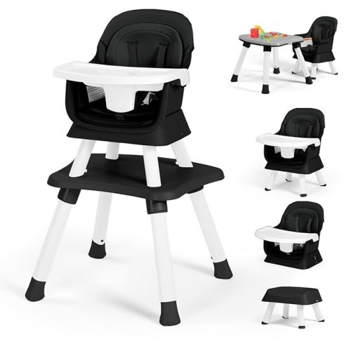 Kinder King 8 in 1 Baby High Chair, Coverts to Dining Booster Seat/Kids Table & Chair Set/Toddler Building Block Table/Kids Stool, Removable Tray & Double Seat Cover, Easy to Wipe, Black & White
