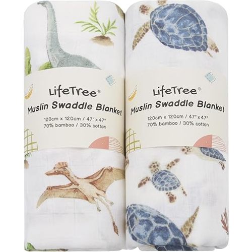 LifeTree Muslin Swaddle Blankets Neutral, Baby Swaddling Wrap Nursery Blanket for Boys & Girls Neutral, Soft 70% Viscose from Bamboo and 30% Cotton, Large 47 x 47 inches, Sea Turtle & Dinosaur