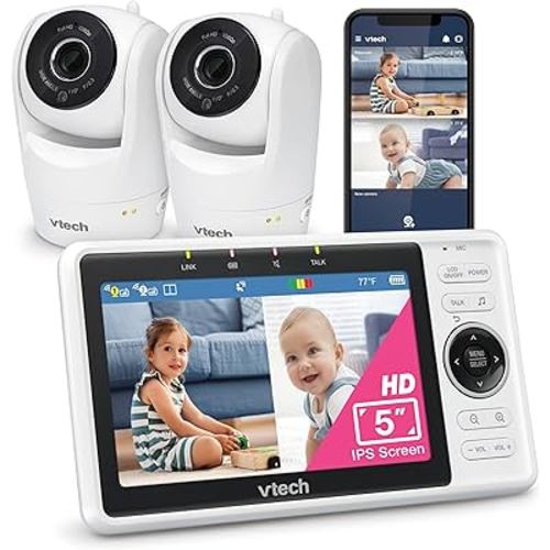 VTech Upgraded 2-Cameras Smart WiFi Baby Monitor with 1080p FHD Video and 5" HD Screen, Free App with Motion Video, Sound/Motion Detection and Notifications, Split-Screen, Pan-Tilt-Zoom: VM901-2HD