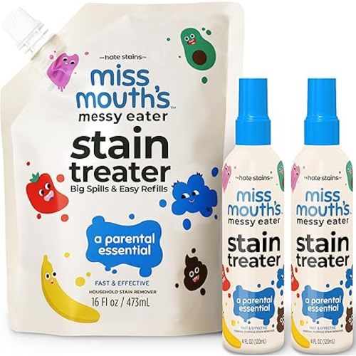 Miss Mouth’s Messy Eater Stain Treater Refill Ready Kit - 2 Pack Stain Remover Spray and 16oz Refill Pouch - Newborn & Baby Essentials - Food, Grease, Coffee Off Laundry, Underwear, Fabric