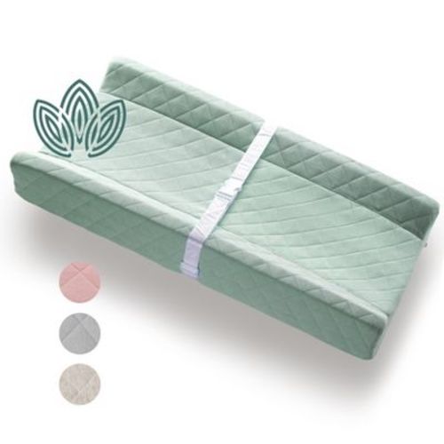 Modera Organic Cotton Contoured Baby Changing Pad w/ Waterproof Foam Mattress, Includes Soft Removable & Washable Cover, Safety Strap (Sage Green)