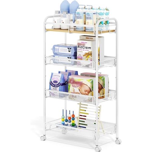 TOOLF 4-Tier Rolling Cart, Metal Utility Cart, Slide Out Storage Cart with Wooden Tabletop and Mesh Baskets, Easy Assemble Trolley for Kitchen Bathroom Laundry Room Bedroom Apartments Dormitory