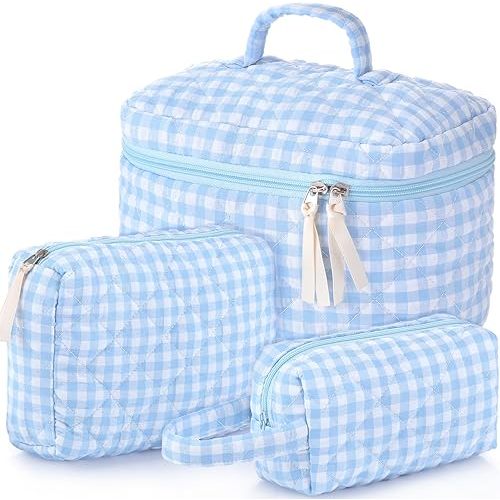 Paterr 3 Pieces Cotton Quilted Makeup Bag Set Coquette Cosmetic Bag Aesthetic Travel Toiletry pouch Cute Pouch Kawaii Aesthetic for Women(Blue,White and Blue Plaid)