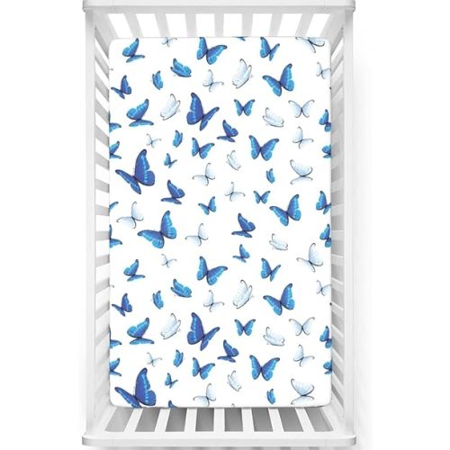 Butterflies Themed Fitted Crib Sheet,Standard Crib Mattress Fitted Sheet Soft & Stretchy Fitted Crib Sheet-Baby Crib Sheets for Girl or Boy, 28“ x52“,White Black Blue