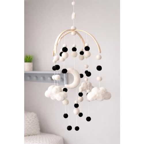 Monochrome Baby Mobile: High Contrast Felt Moon, Clouds, Balls (Nursery Decor)