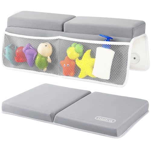 beiens Bath Kneeler and Elbow Rest Pad Set - 1.5'' Comfortable Baby Bath Kneeler Pads, Thick Quick Dry Kneeling Pad Support for Knee& Arm, Large Bathtub Mat with Toy Organizer for Happy Baby Bath Time