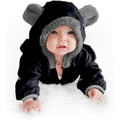 Cuddle Club One Piece Romper Hooded Fleece Onesie Jumper for Baby, Black Bear 0-3 Mos