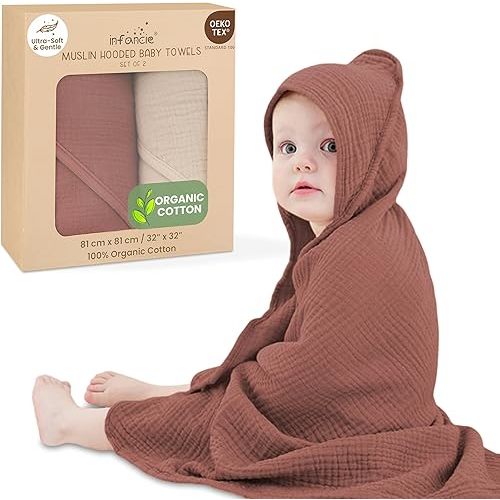 Organic Cotton Muslin Baby Hooded Towels - 32x32 Inch, 2 Pack Newborn Bath Towels for Boys & Girls, Soft & Absorbent Bath Set (Rust/Ivory)