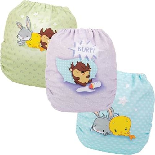Simple Being Reusable Baby Cloth Diapers Adjustable Size, Double Gusset, Waterproof Cover, 3 Pack with 3 Inserts Looney Tunes (Chibi Friends)