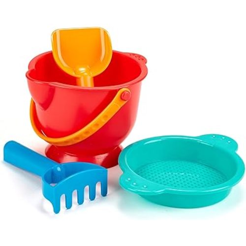 Hape Beach Basics Sand Toy Set Including Bucket Sifter, Rake, and Shovel Toys| Sand Toy Playset for Toddlers 18M+
