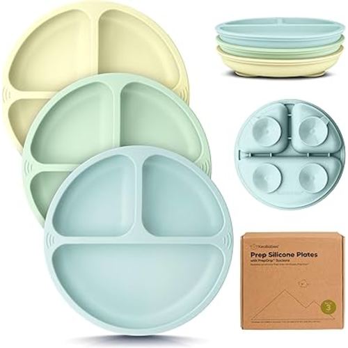 KeaBabies Suction Plates for Baby, Toddler - 3-Pack 100% Silicone Toddler Plates, Divided Baby Plates with Suction, Silicone Plates for Baby, Kids, BPA-Free, Microwave, Dishwasher Safe (Pastel Sky)