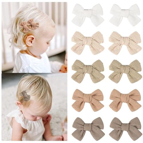 CÉLLOT 10 Pieces 2inch Girls Hair Bows Linen Fabric Bows Alligator Clips Hair Accessories for Baby Toddlers and Infants(5 Pairs Khaki Mini Bow)