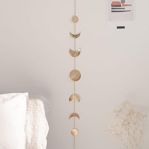 BASE ROOTS Moon Phase Wall Decor, Gold Wall Decor for Bedroom & Living Room, Boho Decor for Home, Handmade Hammered Metal 34" 7 Phases Moon Wall Decor, Bohemian & Celestial Wall Art for Women & Kids