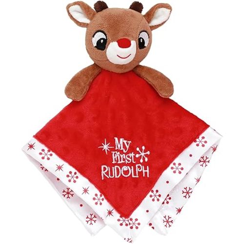Baby Plush Rattle Snuggle Blanket with Satin and Embroidery, My First Rudolph (Christmas Red, 12 inch)