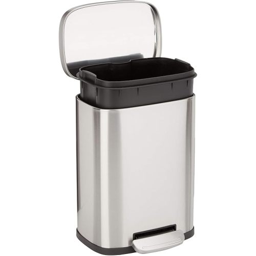 Amazon Basics Smudge Resistant Rectangular Trash Can with Soft-Close Lid, Foot Pedal, Removable Inner Bucket, 5L/1.32 Gal, Brushed Stainless Steel, for Bathroom & Small Space, Satin Nickel Finish