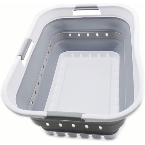 SAMMART 42L (11 gallon) Collapsible Plastic Laundry Basket - Foldable Pop Up Storage Container/Organizer - Space Saving Hamper/Basket (1, White/Grey)