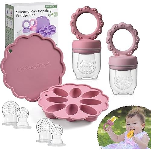 Baby Fruit Food Feeder & Mini Popsicle Ice Tray Set, BPA Free Silicone Baby Feeder for Safe Solid Food Feeding, Breastmilk Popsicle Molds for Cooling Relief, 4 Month+ (Lilac)