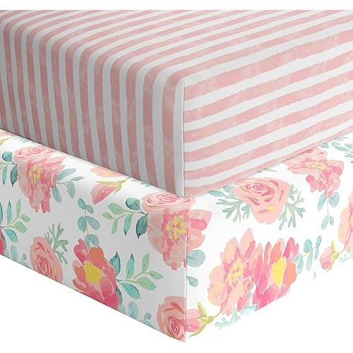 Featherhead™ 2-Pack Fitted Crib Sheets - 100% Cotton - 52" x 28" x 9" for Standard Crib and Toddler Mattress (Jersey Garden Floral)