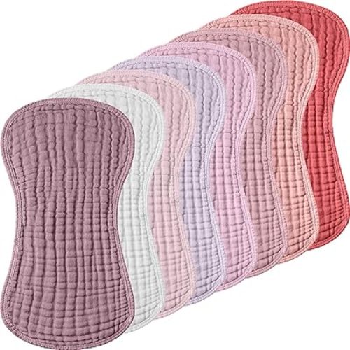 Frienda 8 Pieces Muslin Burp Cloths for Baby Cotton Burp Cloth 10 x 20 Inches Multi Colors Muslin Washcloths Diapers 4 Absorbent Layers Newborn Face Towels for Baby Boy Girl Unisex (Pink Purple Color)