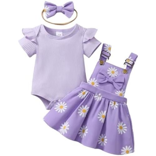 Newborn Baby Girl Summer Overall Dress Infantl Short Sleeves Ribbed Romper Bow Skirt Set 3Pcs Outfits