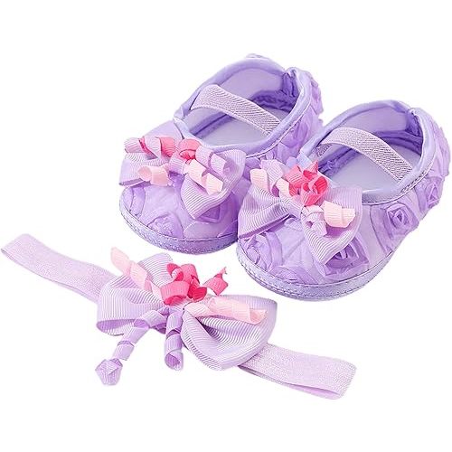 Baby Shoes with Hair Band Fashion Soft Soled Toddler Shoes Versatile Dress Flower Princess Shoes Baby Shoes Size 3 (Purple, 4.5 Infant)