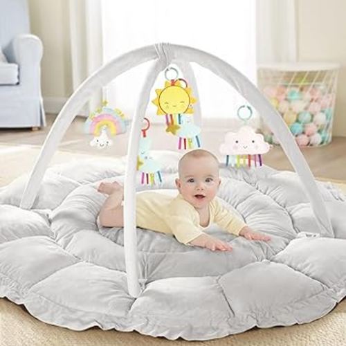 Gimars Ultra Thick-100% Soft Cotton Filling Baby Play Gym & Activity Mat, 53*53’’ Large Two-Sided Baby Play Mat with Plush & Silk Surface, Stage-Based Developmental Tummy Time Mat for Toddler, Infant
