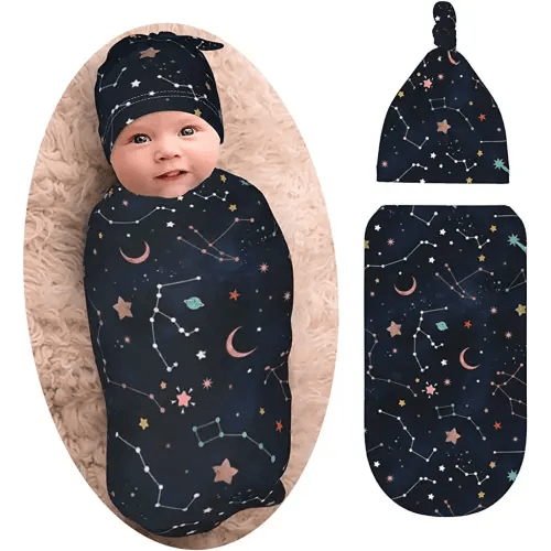 Space Galaxy Constellation Swaddle with Beanie Set, Soft and Stretchy Space Baby Stuff Blanket Swaddle Sleep Sack for Newborn Boy and Girl