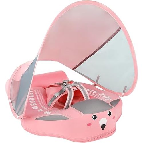 Mambobaby Non-Inflatable Baby Pool Float with Tail and Canopy UPF 50+ Sun Protection No Flip Over Infant Swim Float Skin-Friendly Mambo Float Swim Trainer Solid Baby Swimming Ring