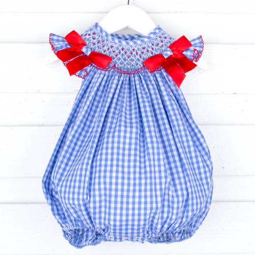 Summer Blues Gingham Smocked Bow Bubble