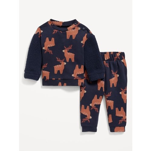 Printed Sherpa-Sleeve Sweatshirt and Sweatpants Set for Baby