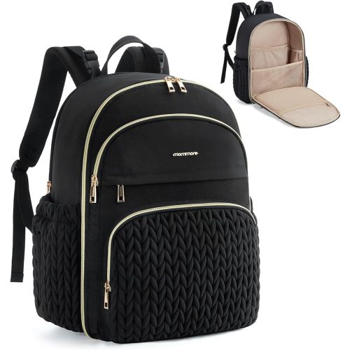 mommore Diaper Bag Backpack Large Baby Bag with Insulated Pockets, Laptop Sleeve Stroller Buckles, Quilted Travel Diaper Backpack with Luggage Strap
