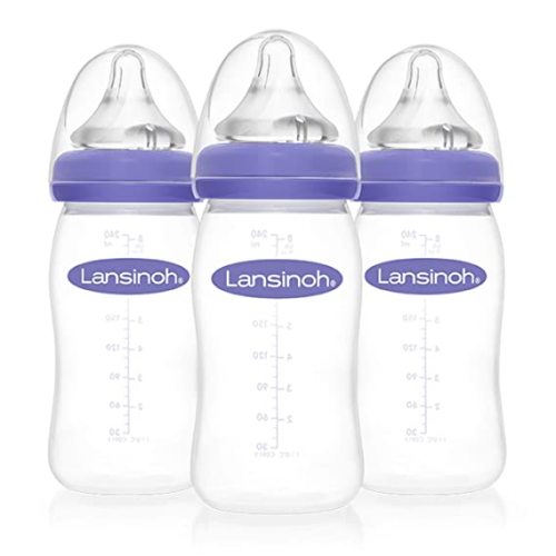Lansinoh Baby Bottles for Breastfeeding Babies, 8 Ounces, 3 Count, Includes 3 Medium Flow Nipples (Size 3M) - Clear - 3 Count (Pack of 1)