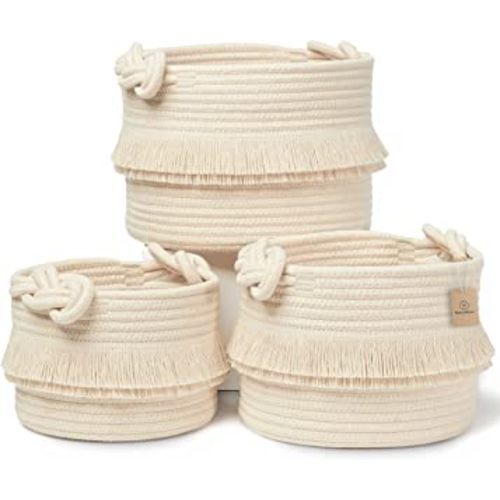 NaturalCozy 3-Piece Boho Decor Storage Basket Set – Cotton Rope Woven Baskets for Organizing! Small Baby Stuff, Shower, Gift Basket, Nursery Planter, Toy Shelves